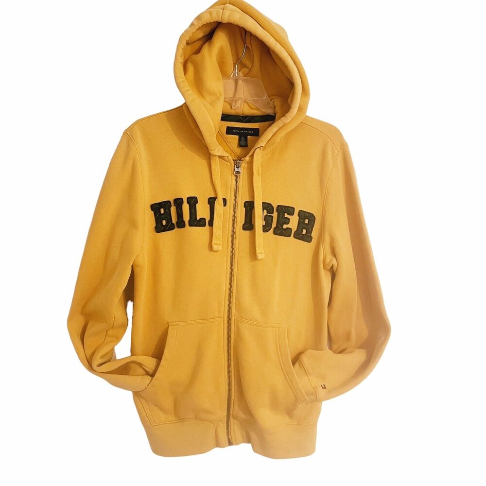 Tommy Hilfiger Hoodie Sweatshirt Sz XS Mens Tartan Applique Spellout Goldenrod‎